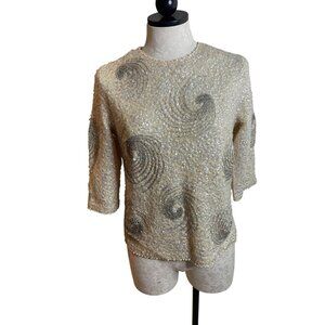 Vintage Womens Sweater Size Large Cream Beaded Full Metal Zipper Pure Wool
